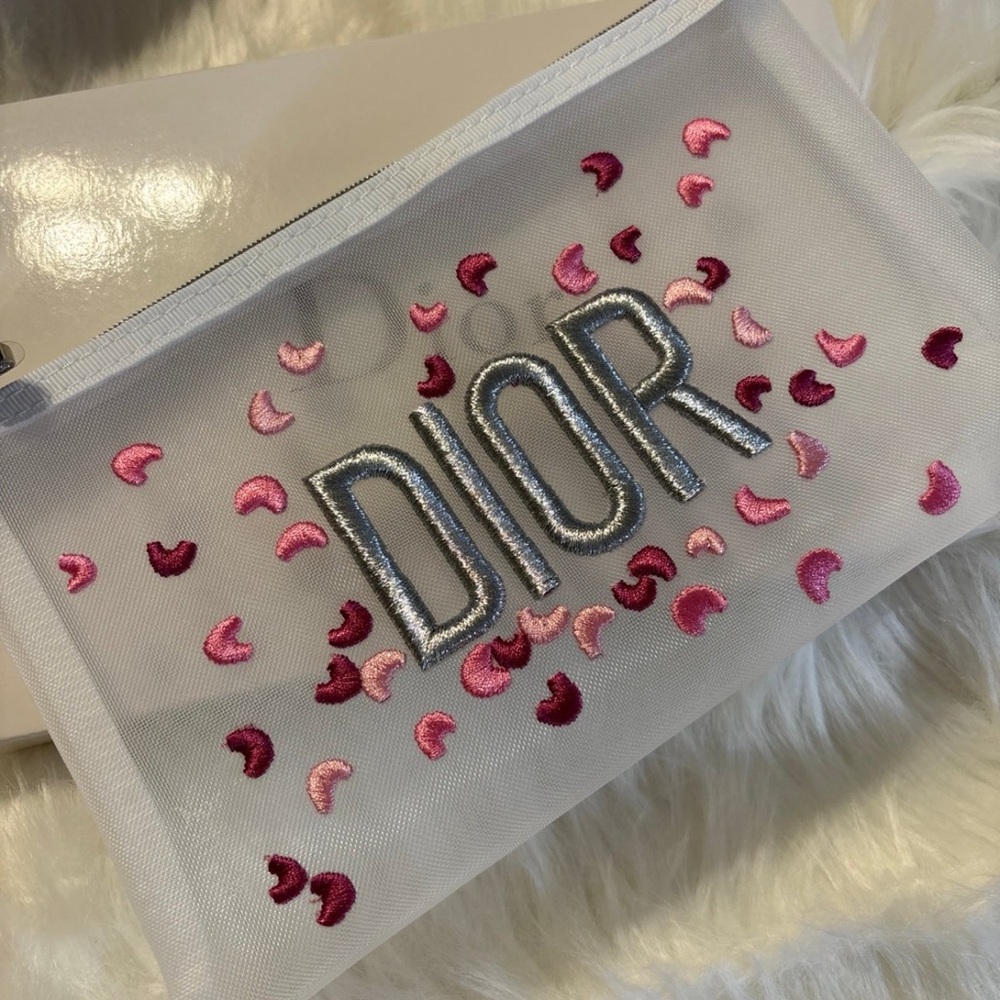 Dior Beauty White Mesh Cosmetic Pouch with Pink Hearts Embroidery